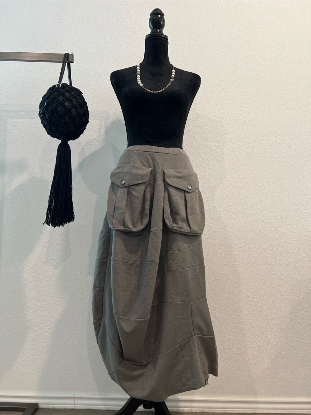 Gray Maxi Skirt with Oversized Utility Pockets